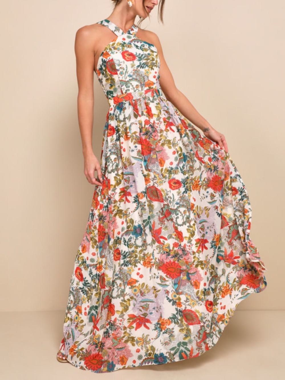 Floral Print Maxi Dress Beige - Size XL
